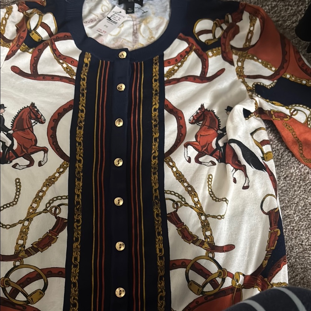 Talbots Navy and Cream Blouse with Gold Accents